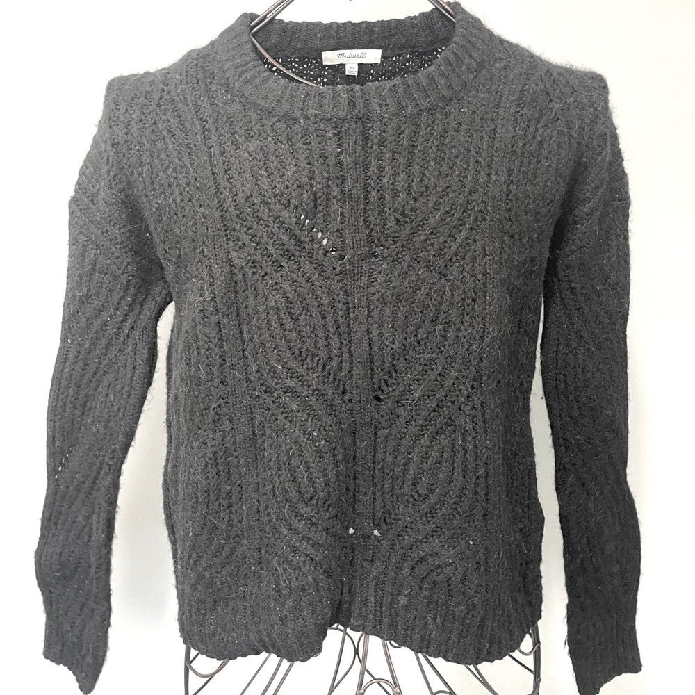 Madewell Black Alpaca Blend Pointelle Cable Knit Crewneck Sweater XS Pullover